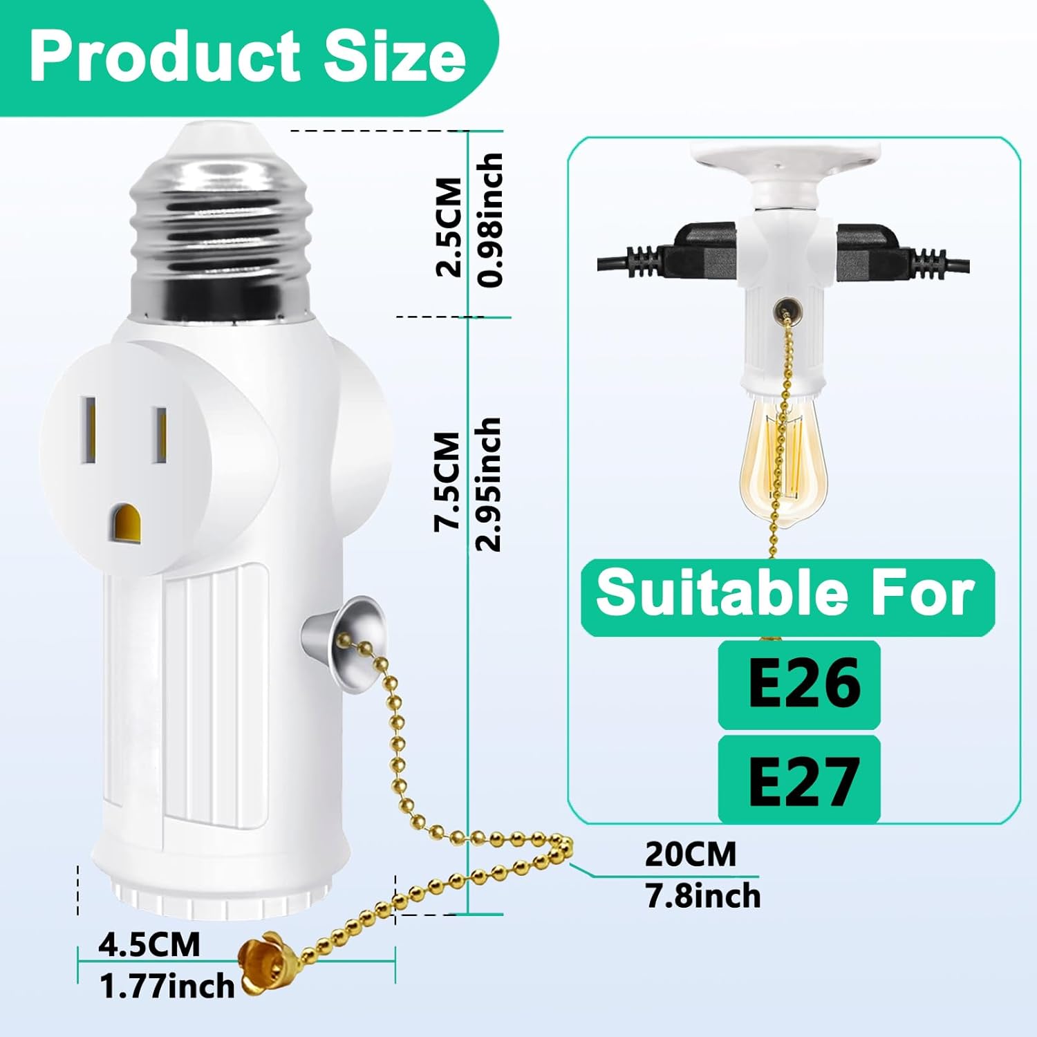 Light Socket Outlet Adapter,E26/E27 Light Bulb Outlet Socket Adapter,3 Prong Outlet Adapter with Bulb Control ,Polarized Light Bulb Socket Splitter,White,2 Pack