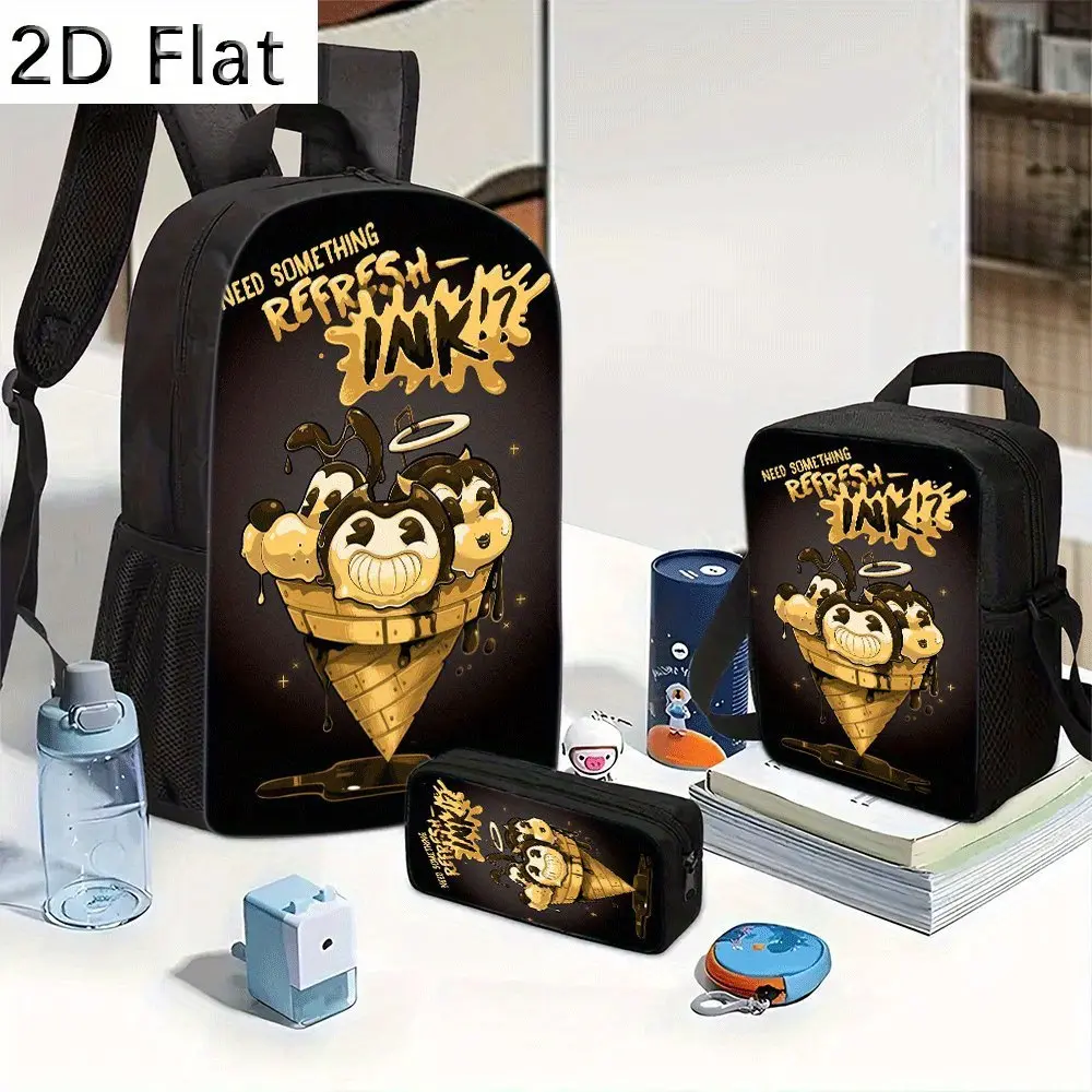 Unisex 3-in-1 3-Piece School Bundle Backpack Set for Bendy Horror Game Lovers, 600D Oxford Water-Resistant, Cartoon Character Design, Casual Chic, Children-Friendly, Lunch Bag, Pencil Case, Crossbody Bag, Zipper Closure, First Day of School Gift