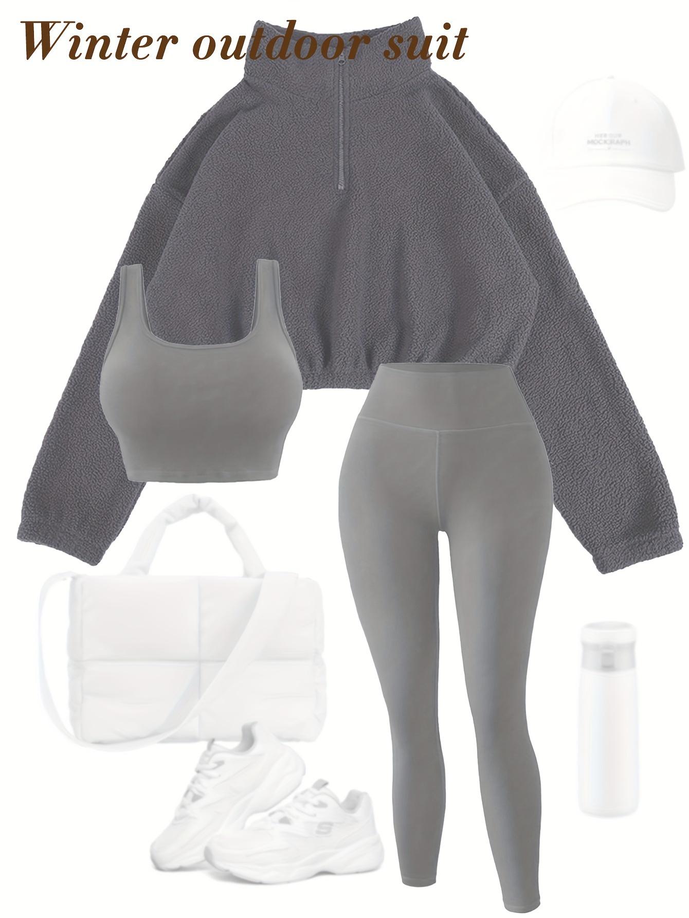 Amoyer 3-Piece Tracksuit Set for Women, fleece-lined zip jacket + top + high-waist pants, cozy winter activewear for gym, running, travel