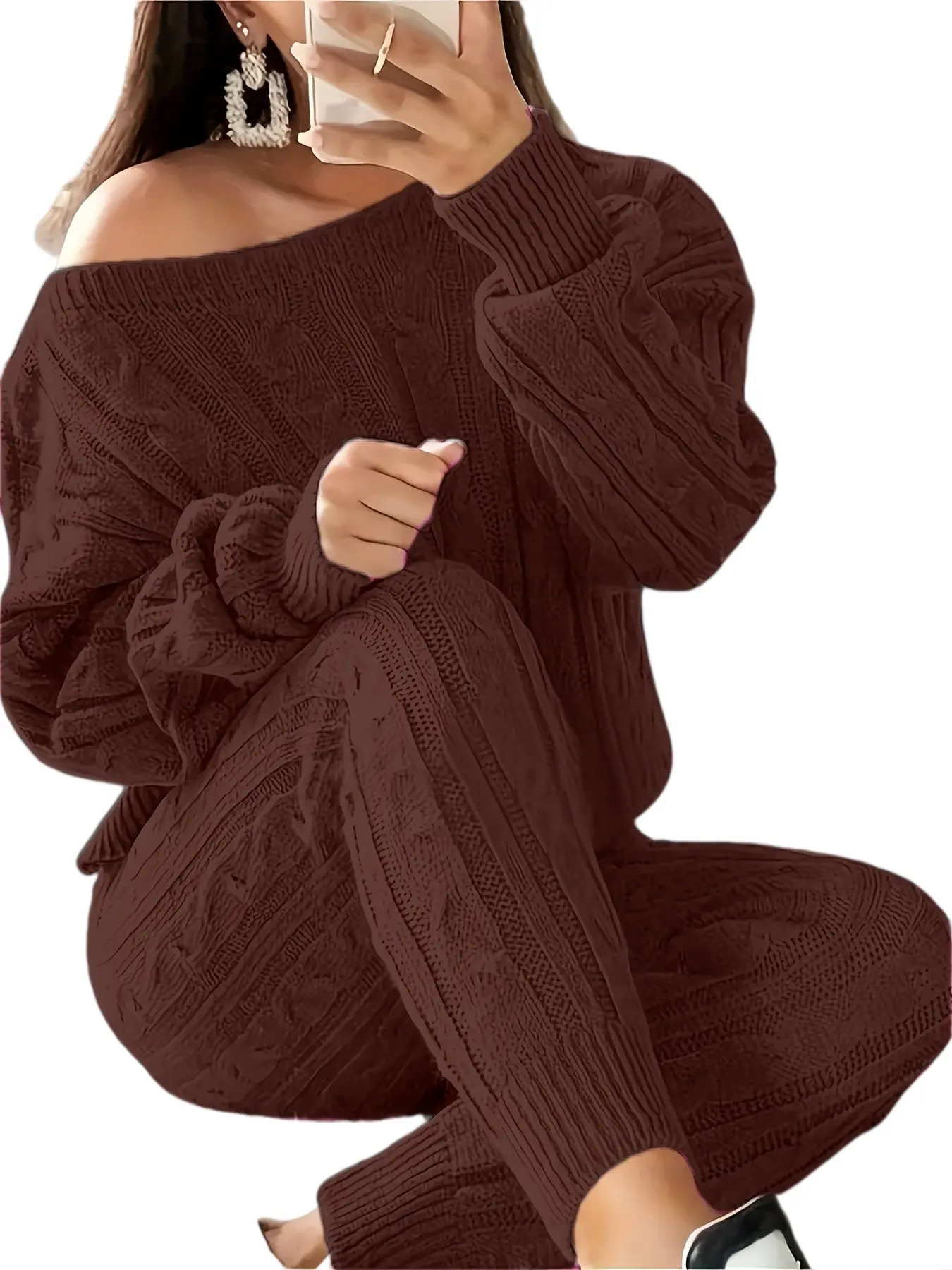 Women's Fall Winter Two-Piece Set, Plus Size Long Sleeve Pullover Sweater & Leggings, Multiple Colors Available, Casual Fashion, Knit Set