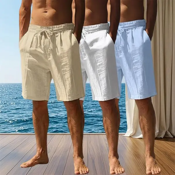 Men's Casual Shorts 3-Pack, Solid Color Linen with a Relaxed Fit and Drawstring, Breathable for Everyday Wear, Loose, Menswear, Set, Airy Linen Men's Shorts, Drawstring Waist, Basic, M