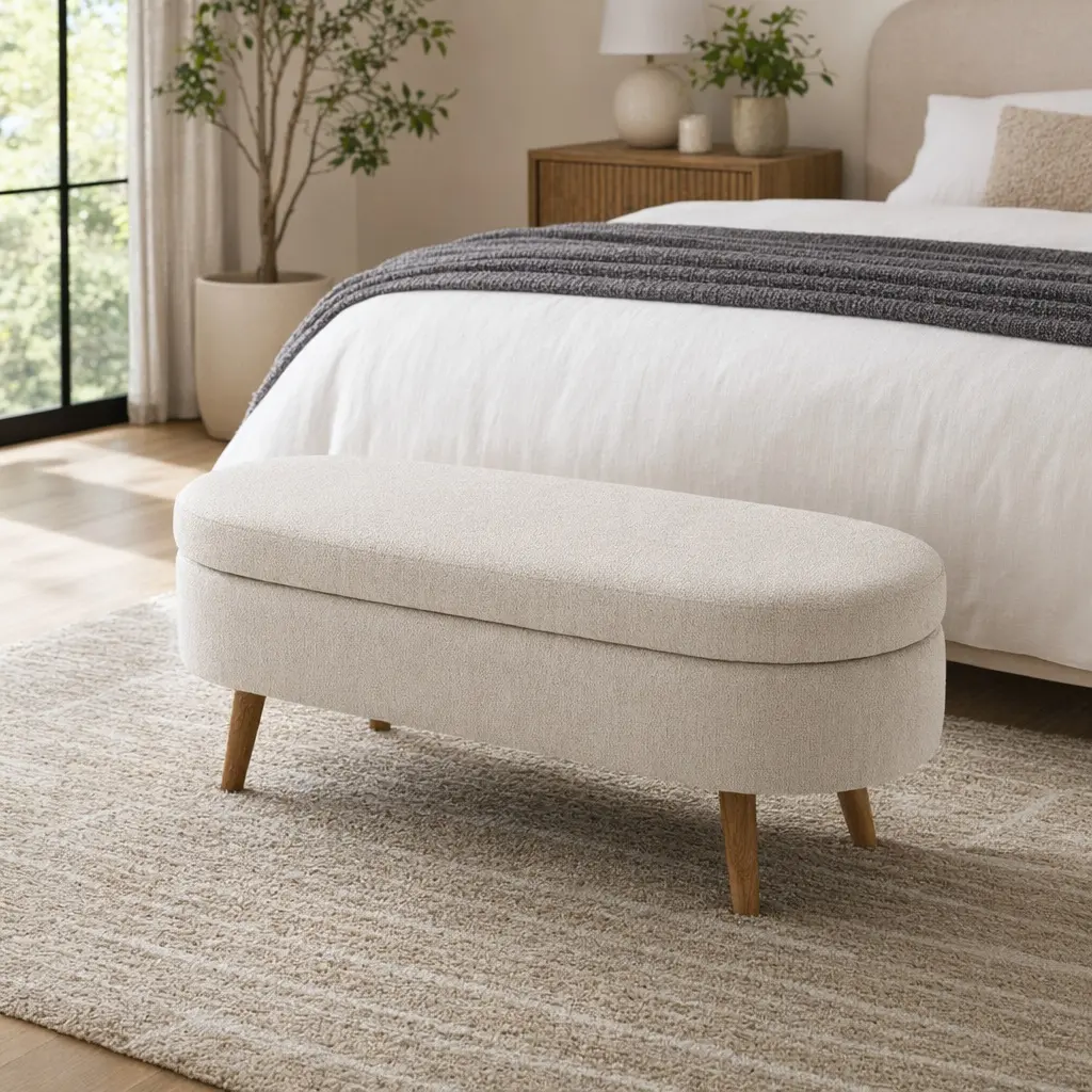 Handmade Pleated Linen Oval Storage Ottoman Bench, Rubber Wood Legs, Beige, 43.5"x16"x16", Indoor Organization Furniture for Living Room