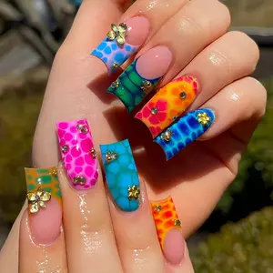 Summer 'Dopamine' Style, Diy Nails Art, Acrylic press on Nails Long Square Shape featuring Colorful Snake Print nails art French Tips, 3D Metallic Flowers, Champagne Crystal Accents Paired with Gold Steel Beads—An Essential Nail Set for a Vibra