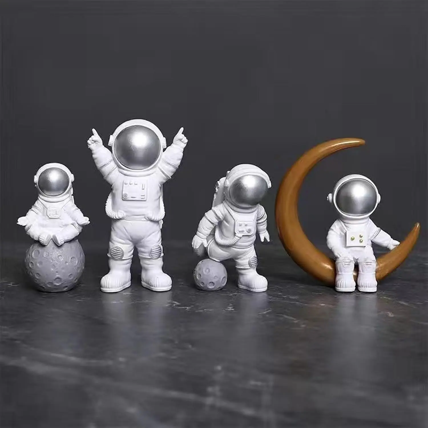 Silver White Astronaut Statues Set of 4 Spaceman Sculptures Figurines Space Theme Decor for Room Shelf Desk Cake Toppers