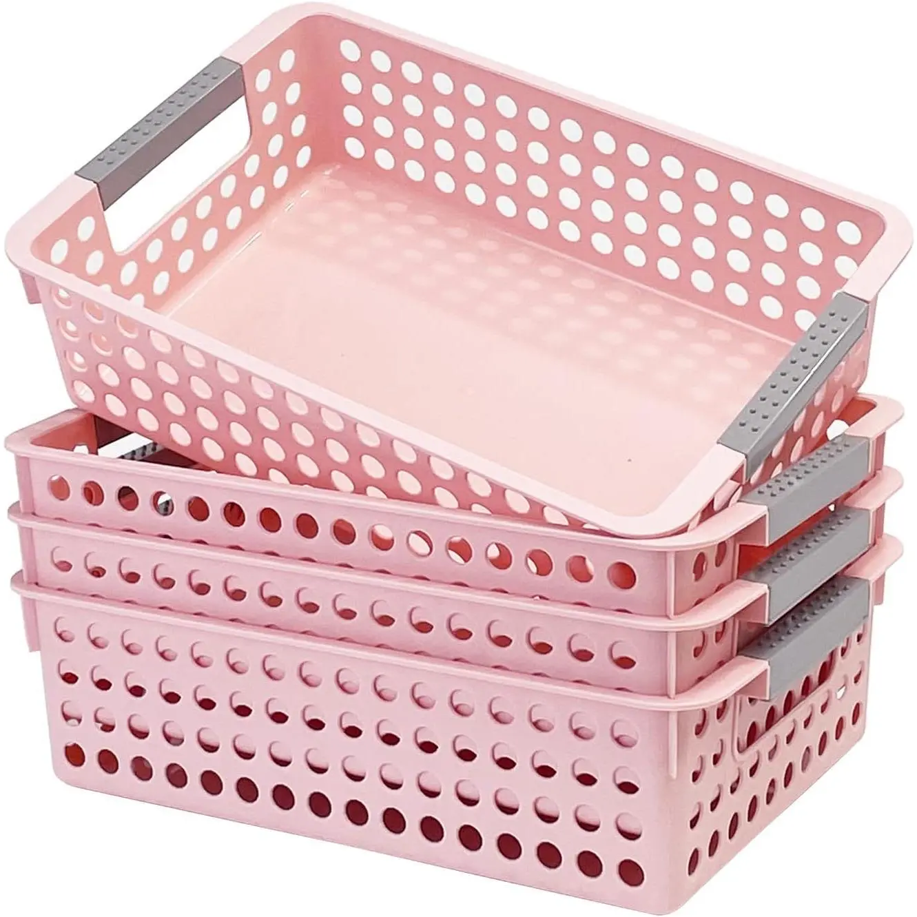 4 Pack Small Plastic Storage Baskets for Organizing, Stackable Bins with Handles for Shelves, Multipurpose Drawer Trays()