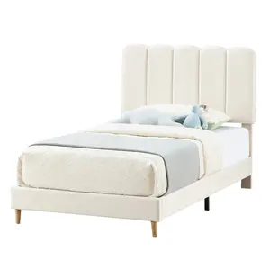 Modern Twin Bed Frame with Wave Boucle Upholstered Headboard LED Platform Bed Frame Twin Size with Charging Station Smart App Control LED Lights Wood Slat Support No Box Spring Needed for Kids Girls Boys Bedroom