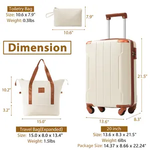 3-Piece Lightweight White Brown ABS Hardshell Carry On Luggage Set with Silent 360° Spinner Wheels, 20 Inch Airline Approved Rolling Suitcase for Weekend Getaways & Business Travel-754O