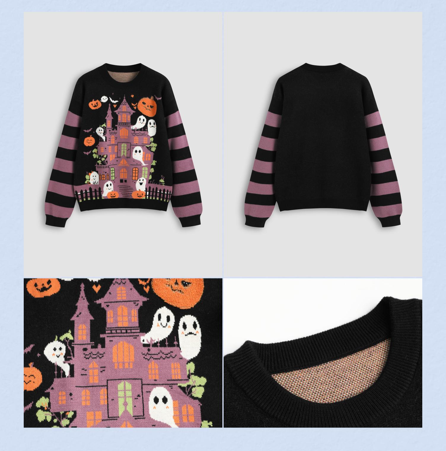 Cider [size 2-10] Knitted Round Neckline Halloween & Ghost Pumpkin Striped Sweater