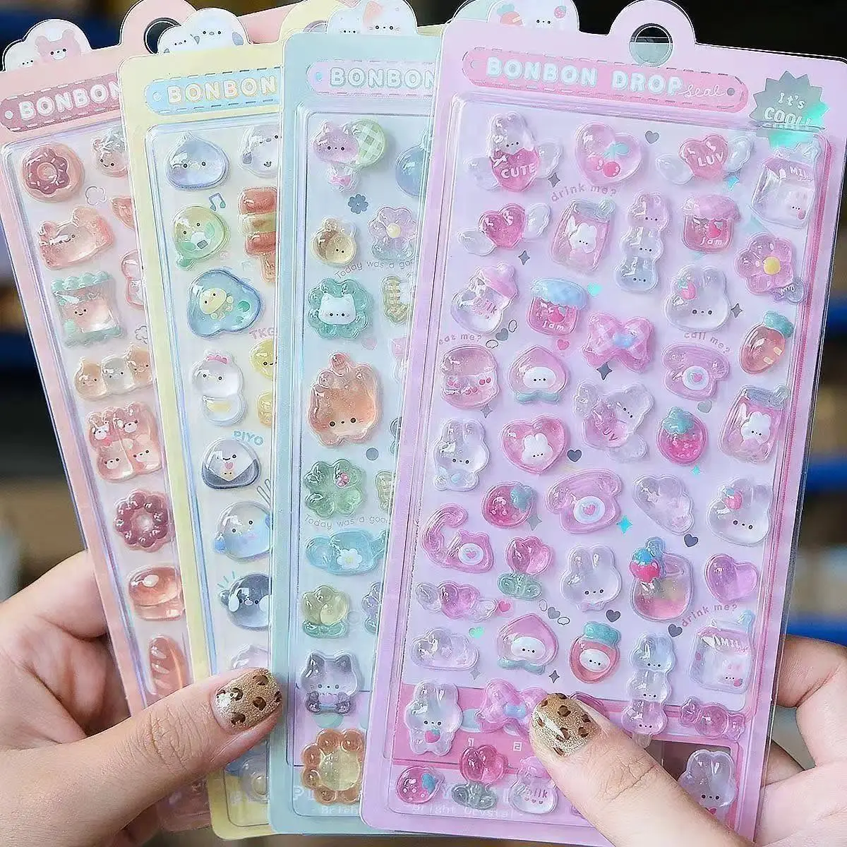 Kawaii 3D Jelly Resin Stickers Cute Cartoon Sparkle Transparent Decals for Scrapbooking Phone Case Laptop DIY Decor