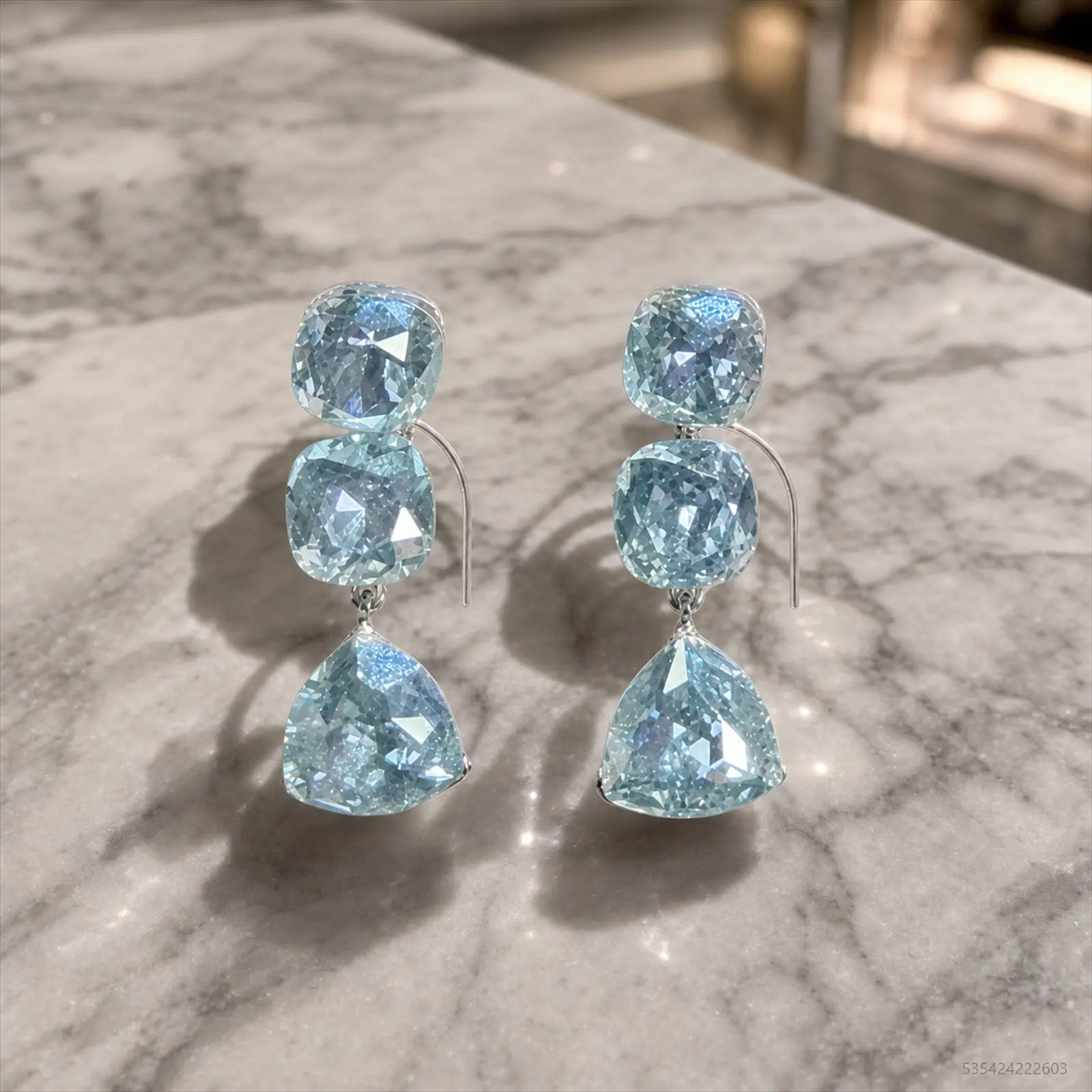 Crystal, Light Blue, Drop Earrings, graduated trio, sparkling, Formal Occasions & Gala & Date Night, S925 Post, Hypoallergenic, 535424222603