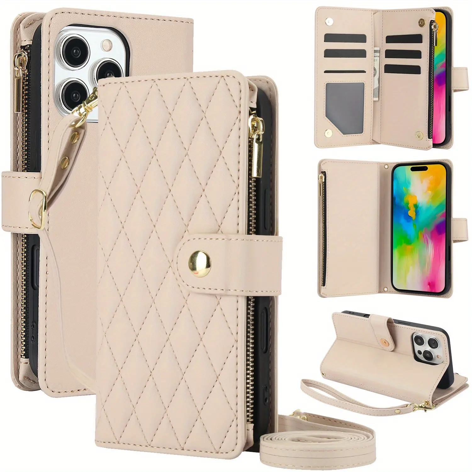 Wallet phone case for iPhone, adjustable crossbody zipper wallet with card holder, detachable wrist strap, flip cover protective case