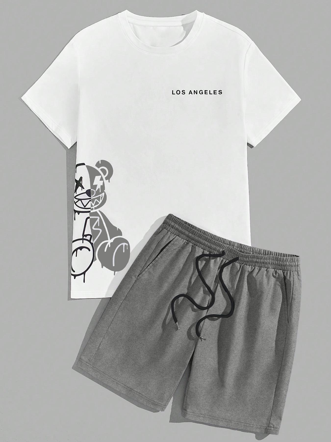 Two-Piece Set Men's Cartoon Bear & Letter Graphic Print Short Sleeve Tee & Shorts Set, Regular Fit Casual Round Neck T-shirt & Track Shorts, Summer Clothes Set for Men