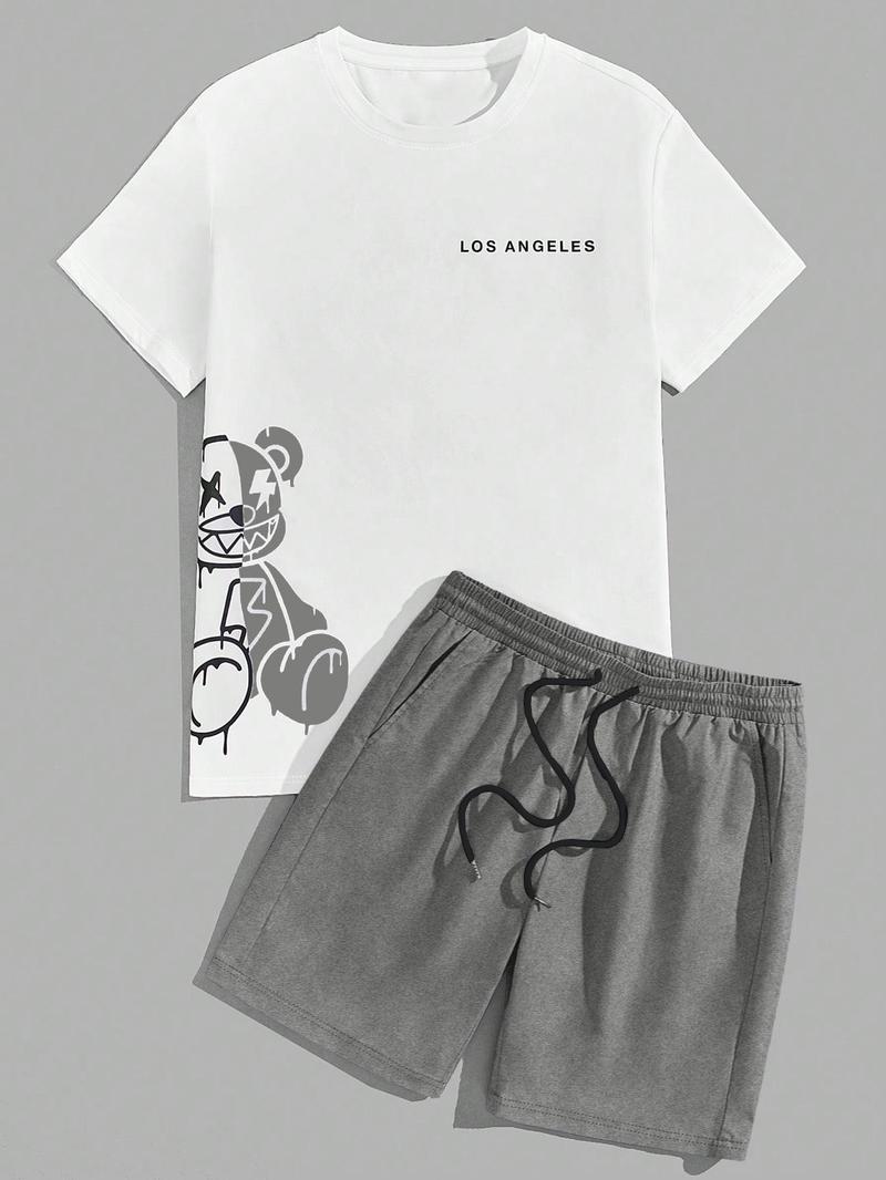 Two-Piece Set Men's Cartoon Bear & Letter Print Short Sleeve Tee & Shorts Set, Regular Fit Casual Round Neck T-shirt & Track Shorts, Summer Clothes Set for Men