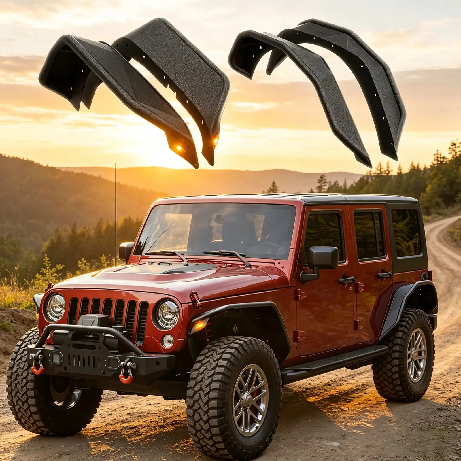 Tubular Steel Fender Flares with 7.2" LED Lights, Steel Tubing Build, Plug-and-Play Fit for 07-18 Jeep Wrangler JK JKU (Front & Rear)