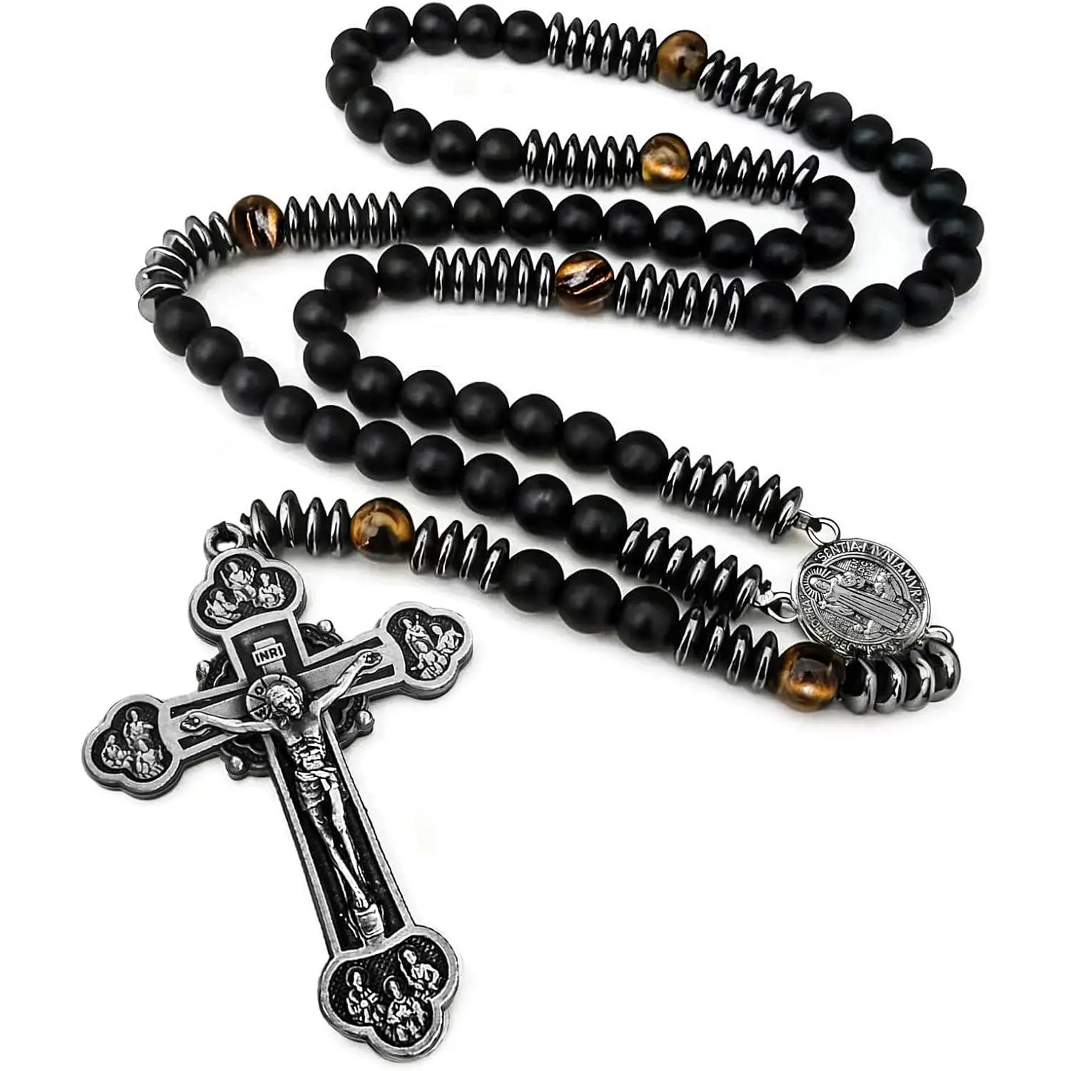 8mm Large Heavy Rosary beads catholic for men| black rosary Necklace,handmade,Hematite&Tiger Eye Beads