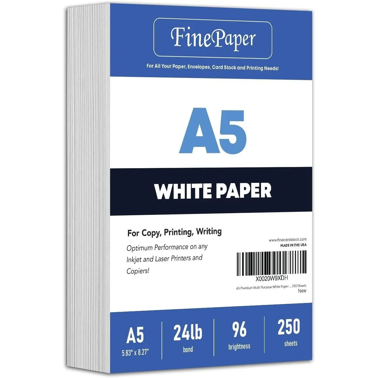 Premium A5 Multi-Purpose White Paper - 24 lb (90 GSM) | Ideal for Copy, Printing & Writing | 5.83" x 8.27" (148 x 210 mm, Half of A4) | Full Ream of 250 Sheets