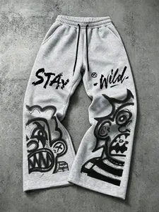 Men's Spring Fall Graffiti Style Loose Fit Wide Leg Sweatpants, Elastic Waist with Drawstrings, Side Pockets, Straight Leg, Ankle Length
