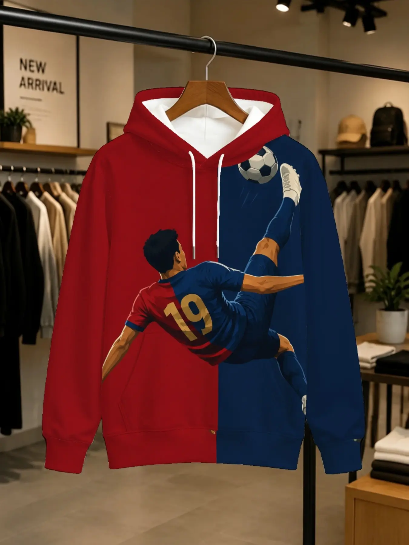 Men's Blue Half-Striped 19 Hook Shot Soccer Player Full Print Hoodie, Casual Long Sleeve Loose Fit Sweatshirt, Trendy Printed Pullover