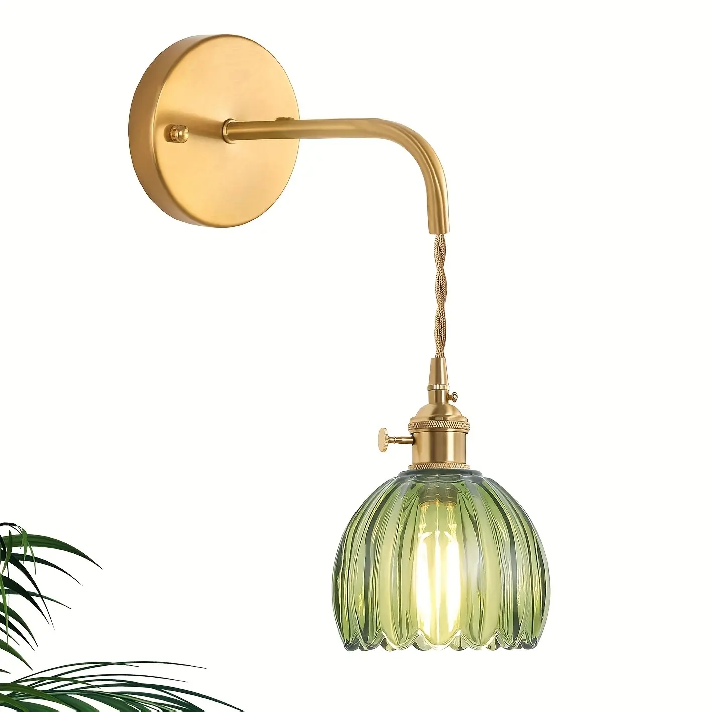 Vintage Brass Wall Lamp, Indoor Wall Light, Olive Vertical Pattern Glass, Switch Included, American Farmhouse Style, Bathroom Bedroom Decor, No Bulb, Bathroom Light Fixtures