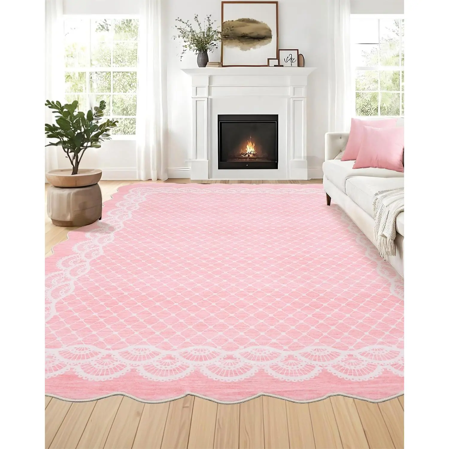 Garvee Home Decor 5x7 Living Room Area Rug Pink Bordered Thin Carpet