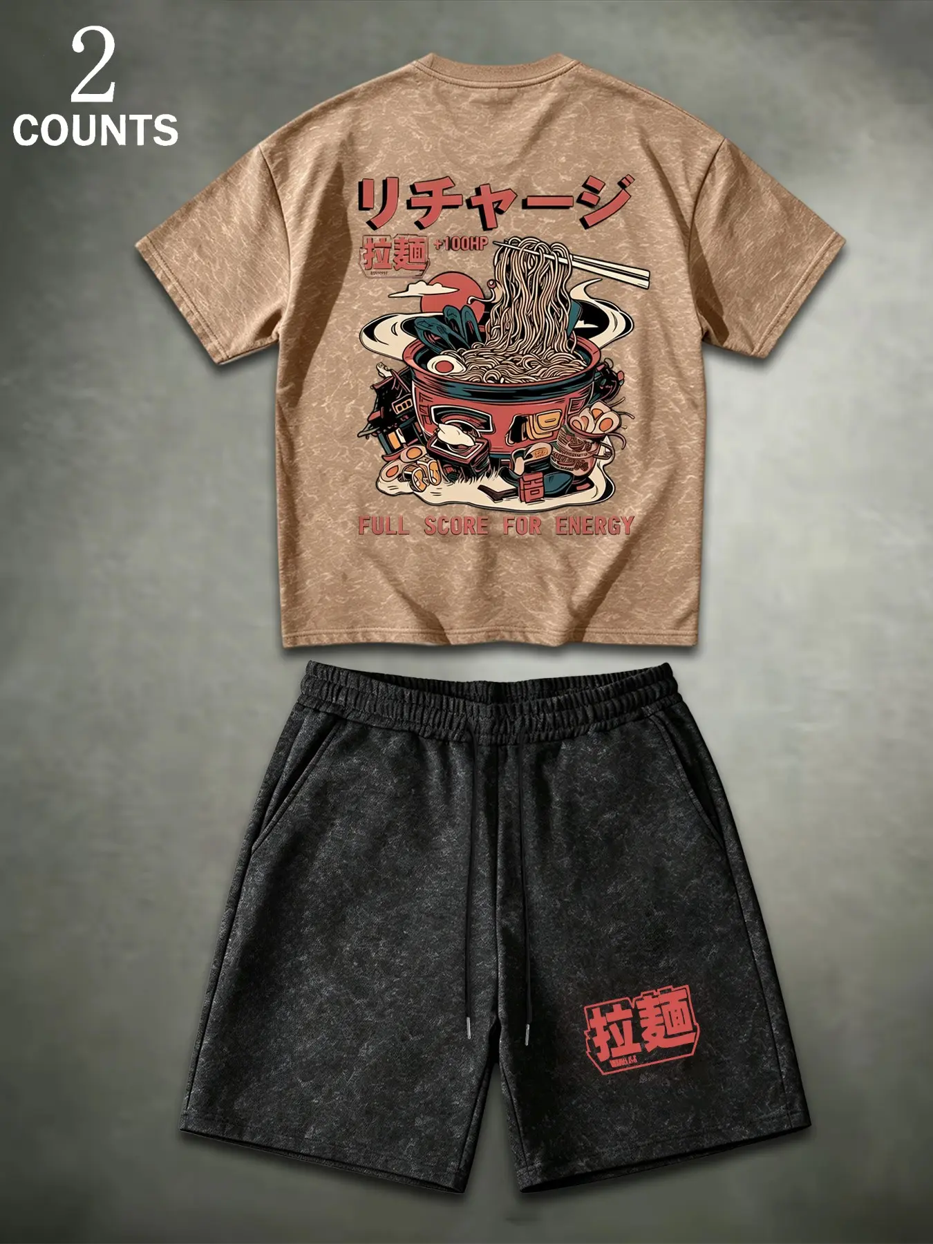 Men's Japanese Ramen Anime Print Short Sleeve Set, Loose Fit, Breathable Fabric, Street Style, Home & Fitness Wear, Retro Anime Fashion
