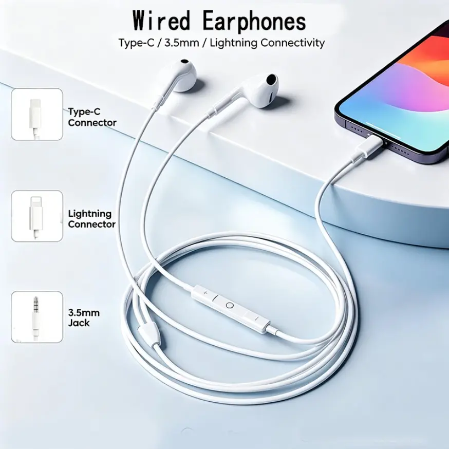 1pc Wired Earbuds with Mic and Volume Control, Choose Lightning, Type-C, or 3.5mm Plug, Stable Connection for Daily Use