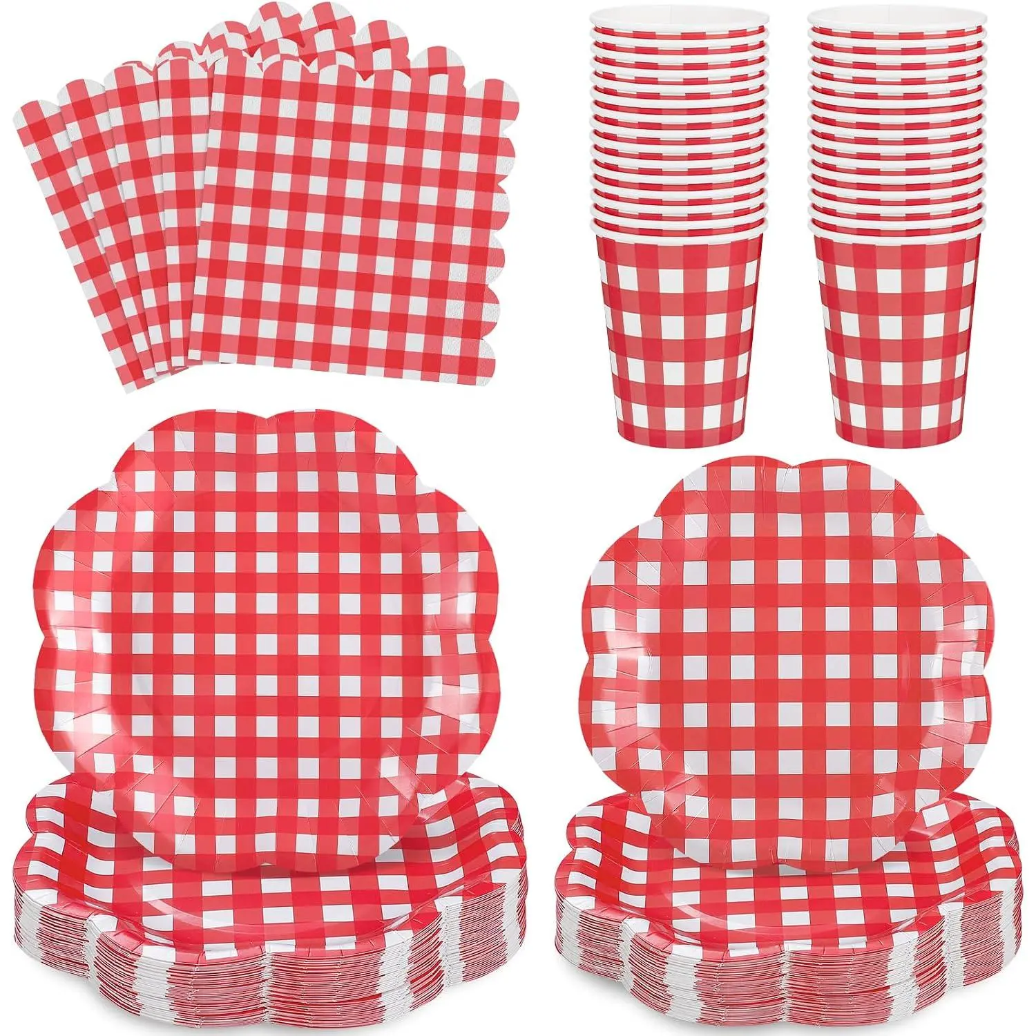 250 count Gingham Red and White Party Supplies, Disposable Paper Plates and Napkins Cups Red and White Checkered Plates Set for Mother's Day Patriotic, Picnic, 4th of july, Birthday