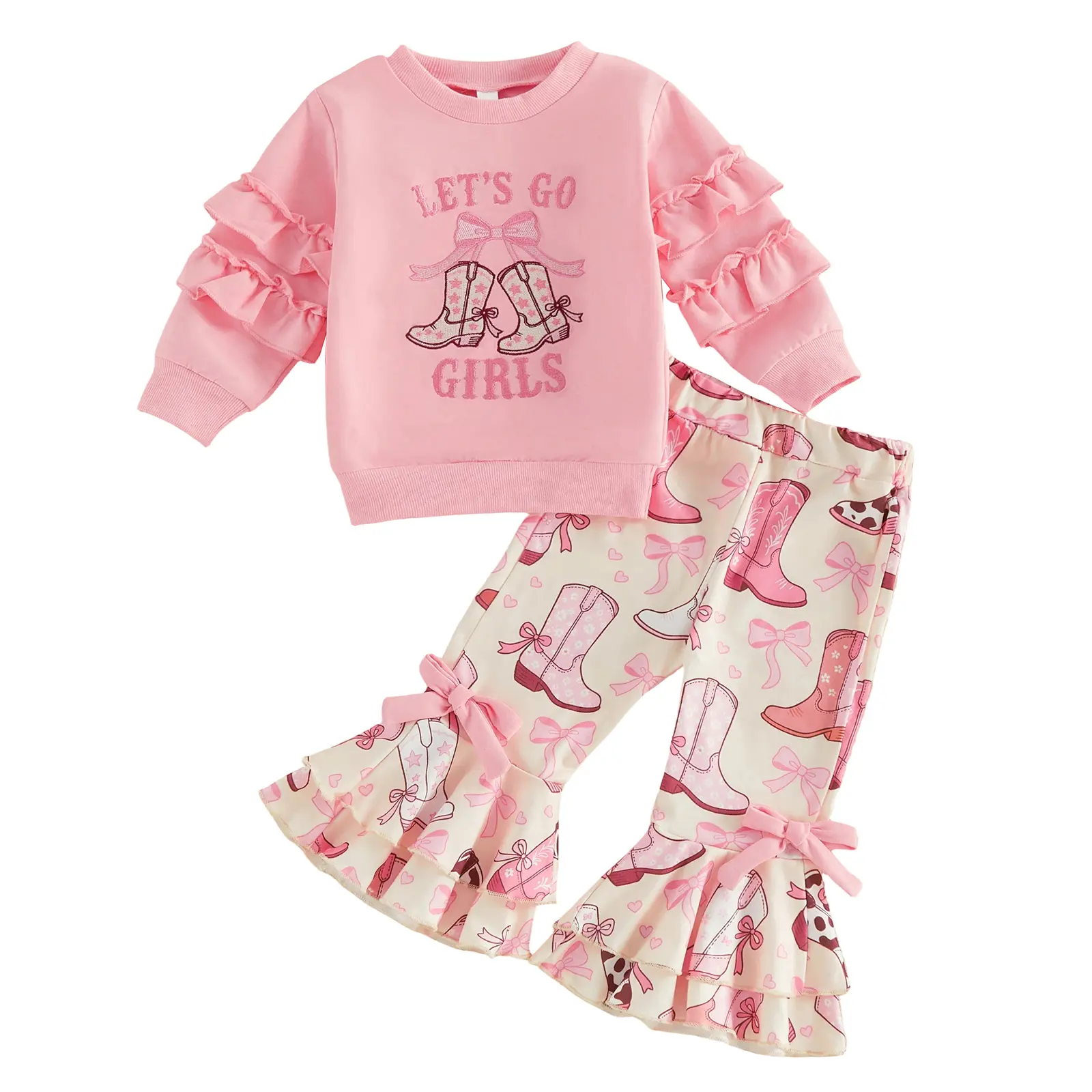 Toddler Cowgirl Outfit Bow Boots Embroidery Sweatshirt and Pants Set Western Baby Girl Clothes 1-5Y