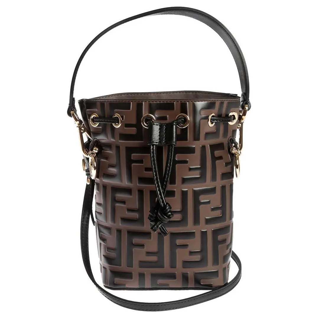 Fendi Mon Tresor Calfskin Bucket Bag for Women, FF-Embossed Metallic Logo, Brown
