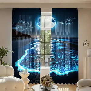 2 pieces, installed using pocket rod method, digital seaside night patterned curtains, suitable for living room, closet, bedroom, study, dining room, and home decoration.
