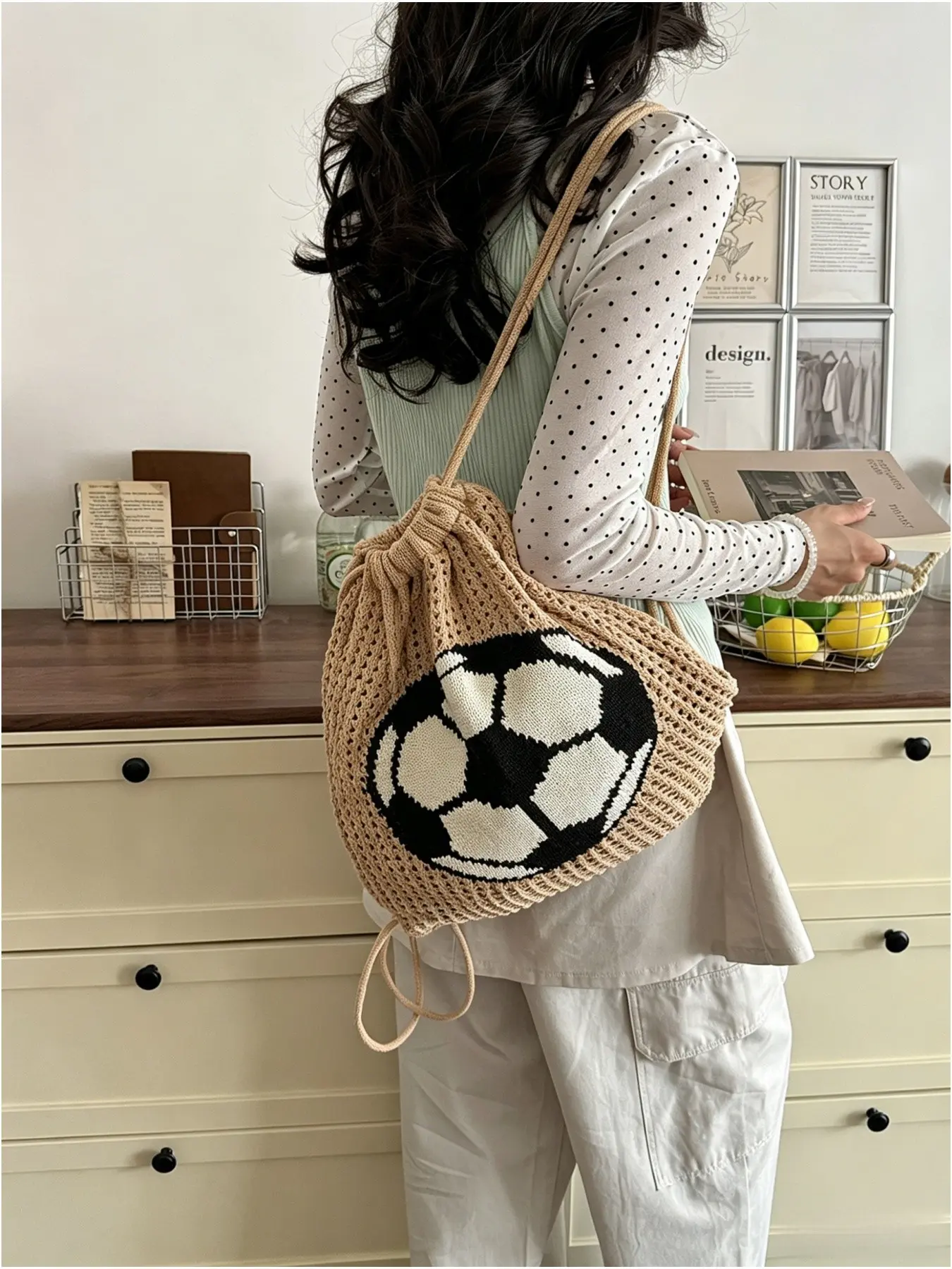 2026 New Soccer Hollow Out Woven Drawstring Backpack for Women, Casual Sports Mesh Bag, Lightweight Breathable School Commute Backpack