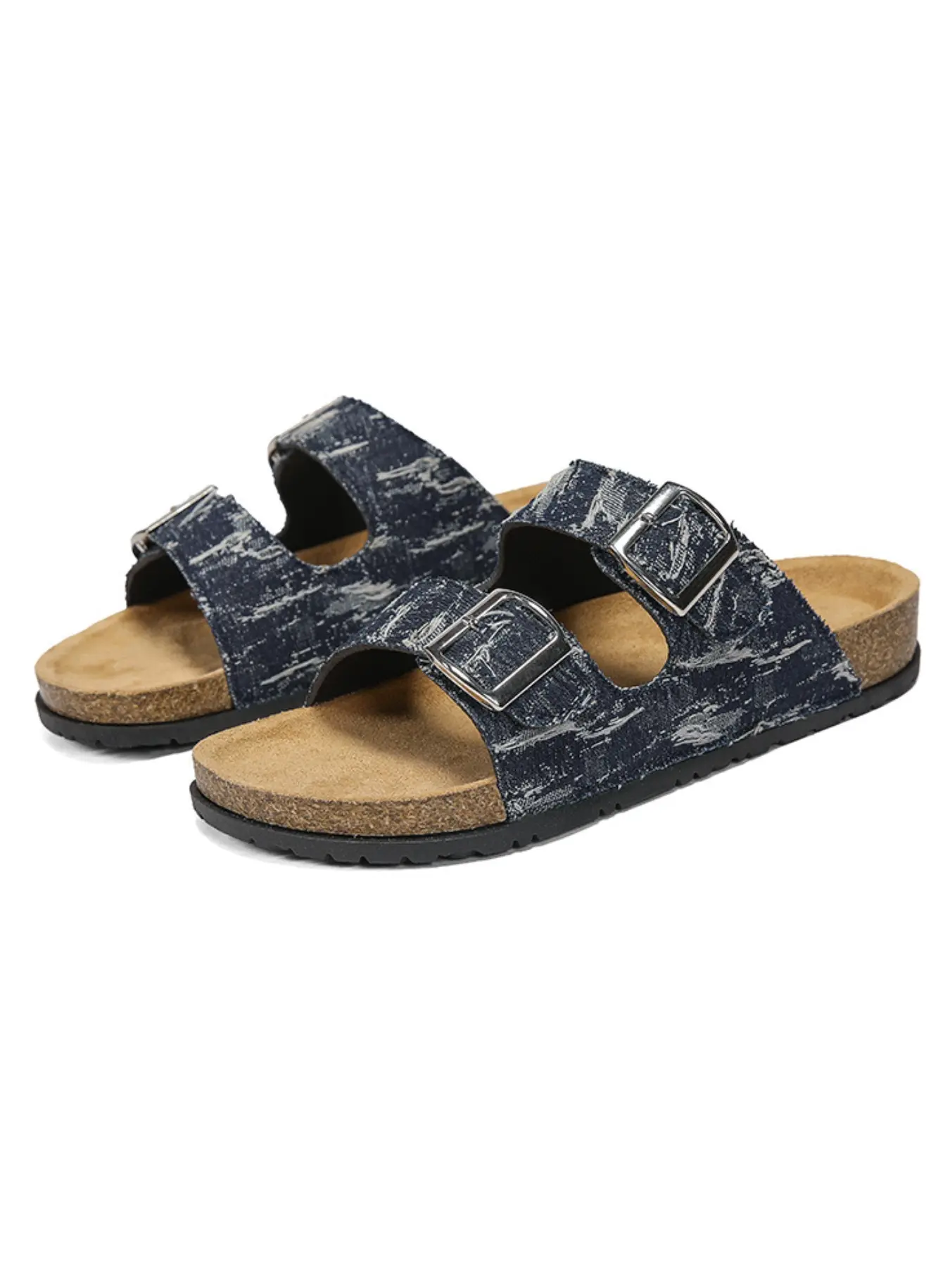 Vintage Distressed Denim Slippers, Adjustable Silver Color Buckle, Eva Sole, Retro Style, Comfortable for All Seasons, Ideal for Outdoors