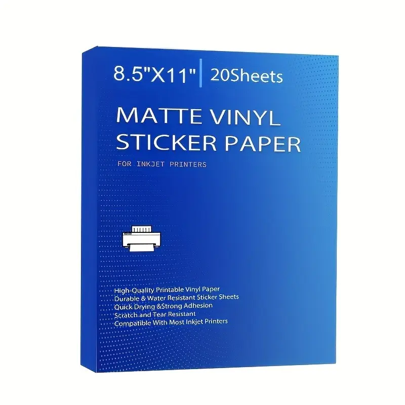 20 sheets of printable vinyl sticker paper for inkjet printers - matte/high gloss white - waterproof sticker paper - standard letter size 8.5 "x11"
