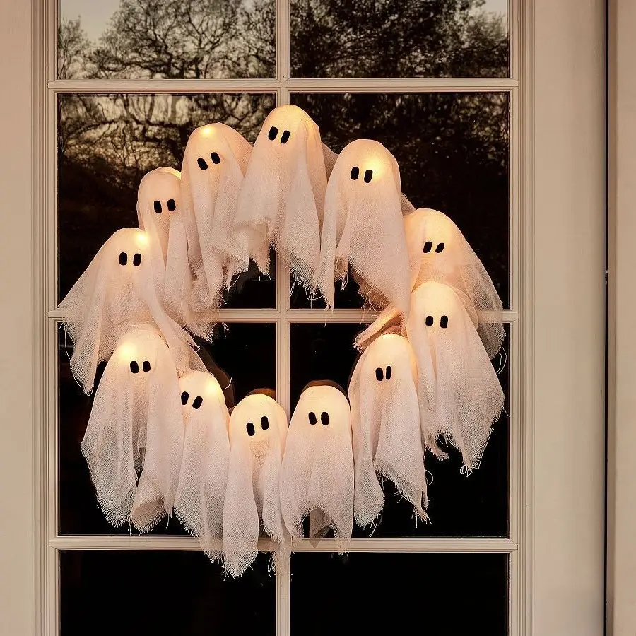 Halloween Ghost Wreath, Glowing Hanging Decor, Ghost Door Hanger, Garden Bar Party Decoration, Battery Powered, Hang on Porch Windows