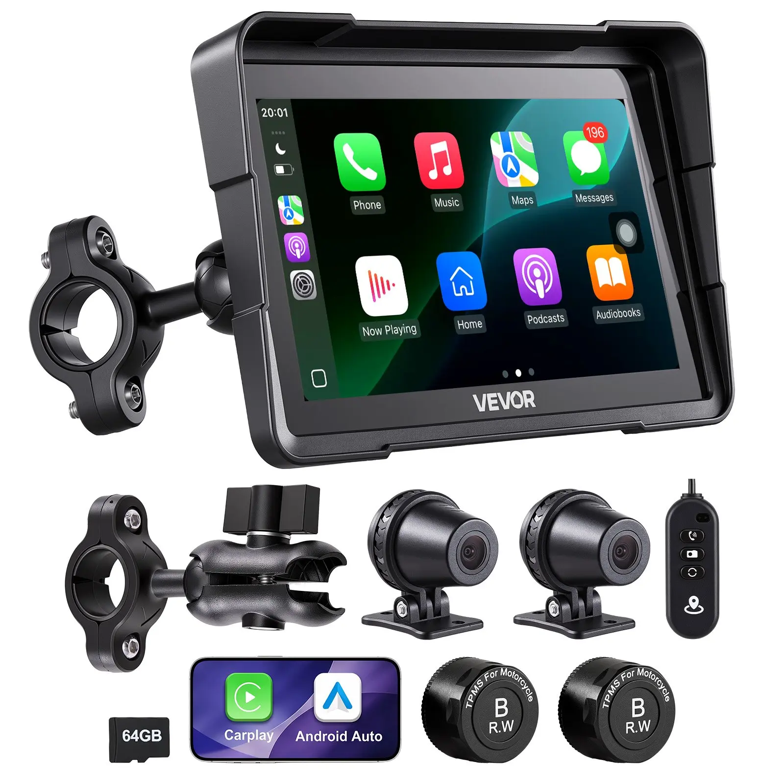 VEVOR 7 in Wireless Motorcycle CarPlay & Android Auto System, HD Touchscreen GPS Navigation, Dual Cameras, Bluetooth, TPMS, Voice Control, 64GB Card - Fits Motorcycles Automotive Electronics Accessory