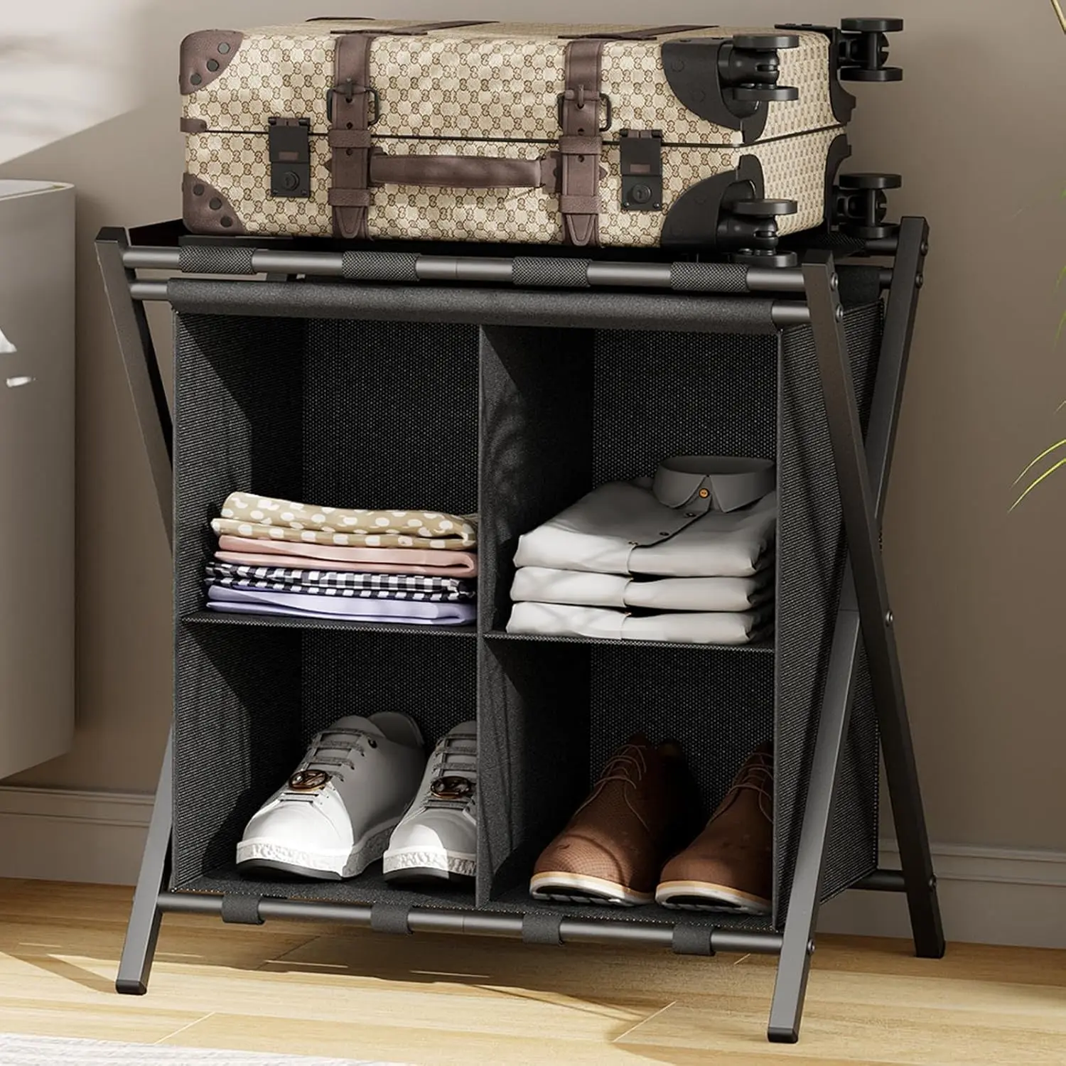 Folding Luggage Rack with Fabric Storage Shelf, Steel Foldable Suitcase Stand Luggage Holder for Guest Room, Bedroom, Hotel, Black