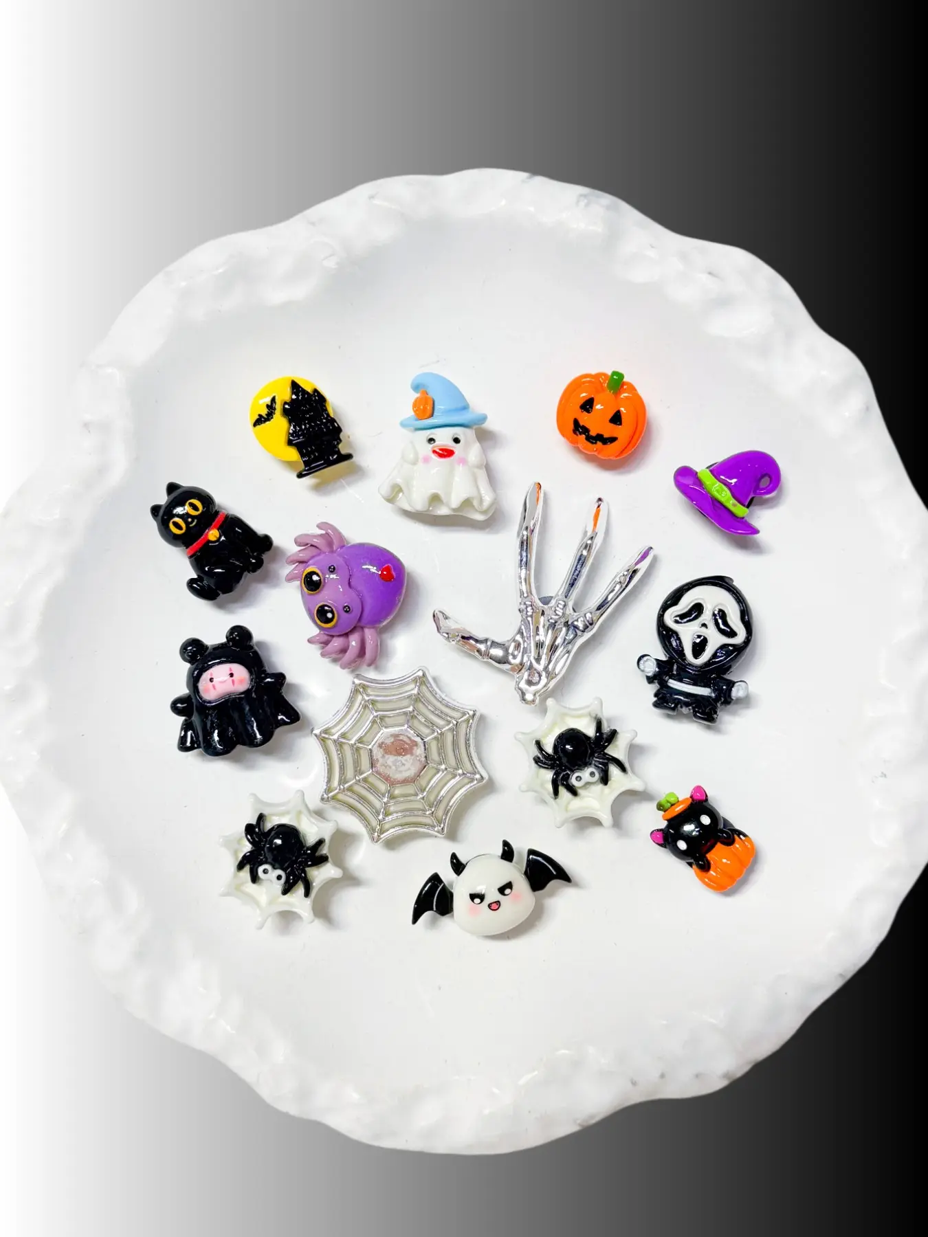 14pcs Halloween Decorations, Resin Skulls, Cat, Ghost, Pumpkin, Magic Hat, Spider, Web, DIY Shoe Accessories, Party Gifts