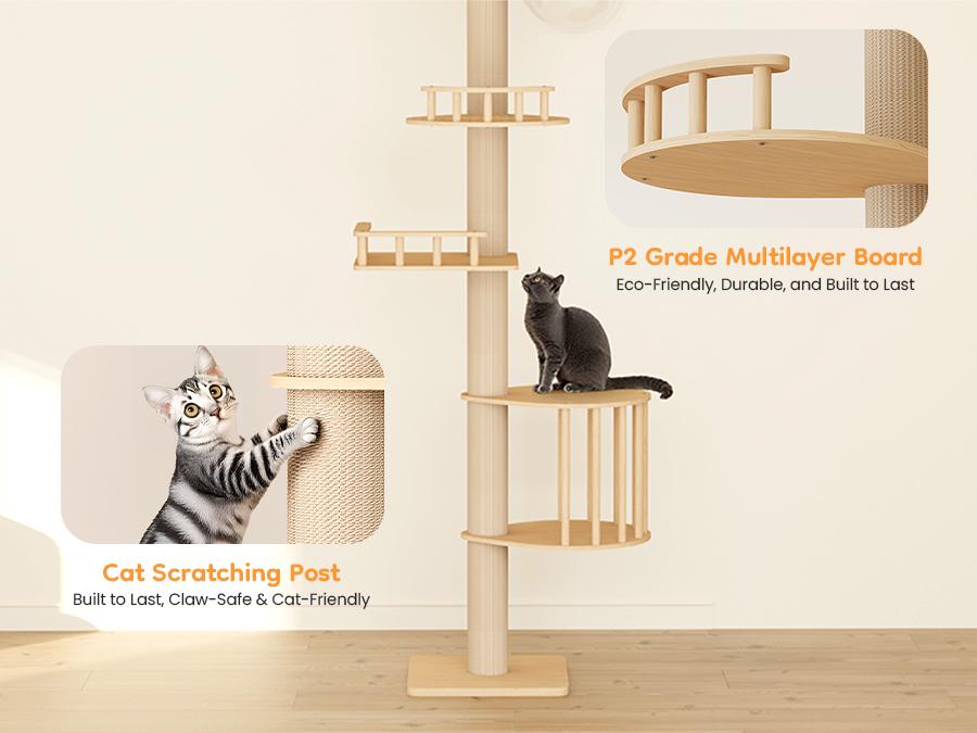 Royalcraft Floor to Ceiling Cat Tree Tower with Acrylic Capsule, Adjustable Height, Sisal Scratching Posts, Multi-Level Design, Space-Saving Vertical Structure, for Kittens & Large Cats, Stable & Stylish Cat Furniture