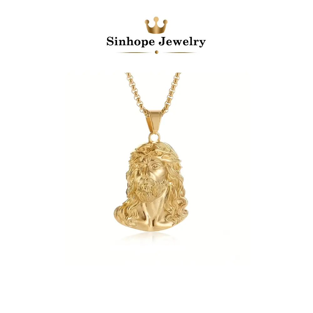 Men's Gold-Tone Jesus Portrait Pendant Necklace - Stainless Steel Box Chain, Crown of Thorns Faith Symbol, Religious Christian Jewelry, Vintage Hip Hop Amulet, Meaningful Gift for Believers for Religious Events