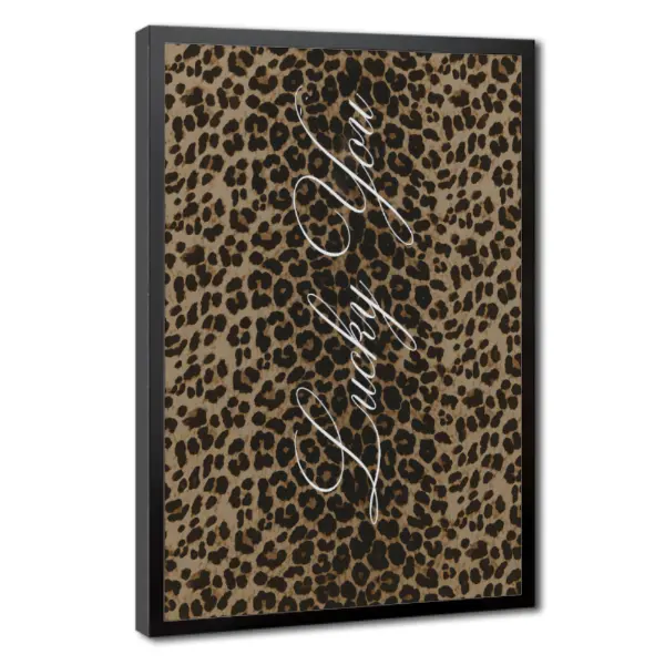 Lucky You White Leopard Framed Canvas Wall Art, Modern Animal Print Ready-to-Hang Canvas Print for Bedroom, Dorm Room, Living Room, Office, or Apartment Decor, Aesthetic Bold Typography Wall Decoration, Gift for Women, Friends and Animal Print Lovers