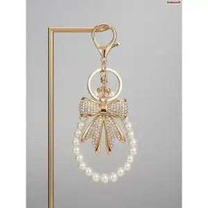 Viral Aesthetic Bow Keychain for Women, Rhinestone & Faux Pearl Purse Charm, Bling Handbag Accessory, Cute Coquette Bag Pendant, Trendy Wallet Decor, Must-Have Gift for Travel, Daily Outfits & On-the-Go Styling