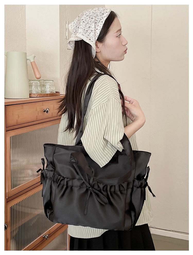 Sweet Ballet Style Girl Tote Ruched Bow Chic Student Preppy Style Shoulder Bag Large Capacity Cute Elegant Handbag