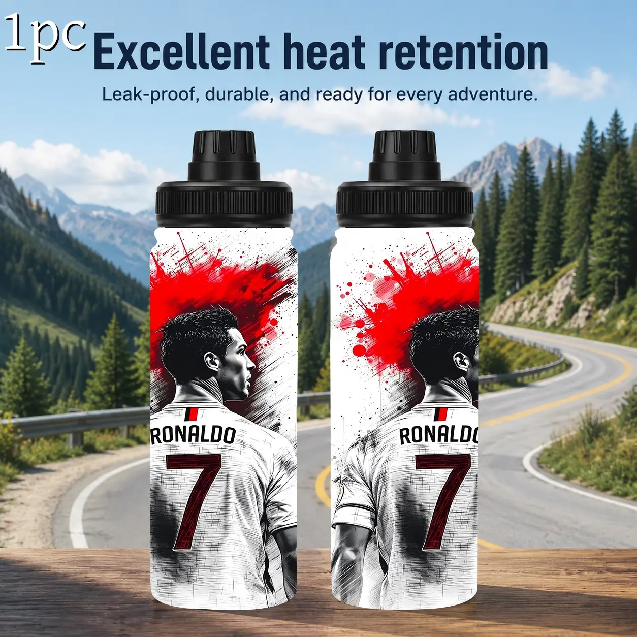 1pc 20oz Double Wall Vacuum Stainless Steel Tumbler With Screw Carry Lid, Ronaldo Number 7 Ink Splash Football Printed Water Bottle, Insulated water bottle, Suitable For Sports, Gym, Daily Commute And Outdoor Activities