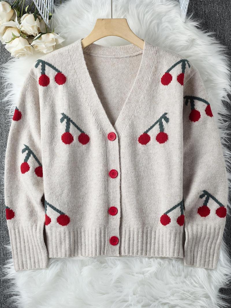 Women's Cherry Pattern Button Front Knitting Longsleeves Cardigans, Casual Elegant Long Sleeve Sweater Cardigan for Fall & Winter, Women's Knit Clothing for Daily Wear, Cardigan for Women, Women's Cardigan, Womenswear, Knitwear,Clothe Knitted Outfit Tops