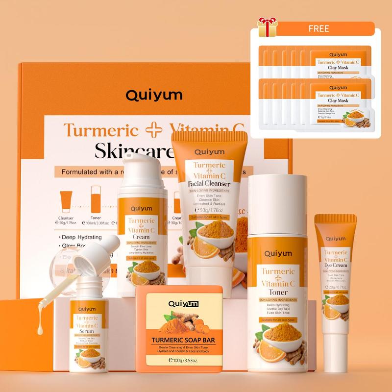 Quiyum Turmeric Vitamin C Skincare Set, Moisturizing Skin Care Kit, Skin Care Sets, Including Cleanser, Toner, Cream, Eye Cream, Serum, Soap, Mud Mask, Scraping Pate，Octopus Brush，Gift Bag，Card，Gift Box，Best Gift,Skin Care Kit for Women & Girl