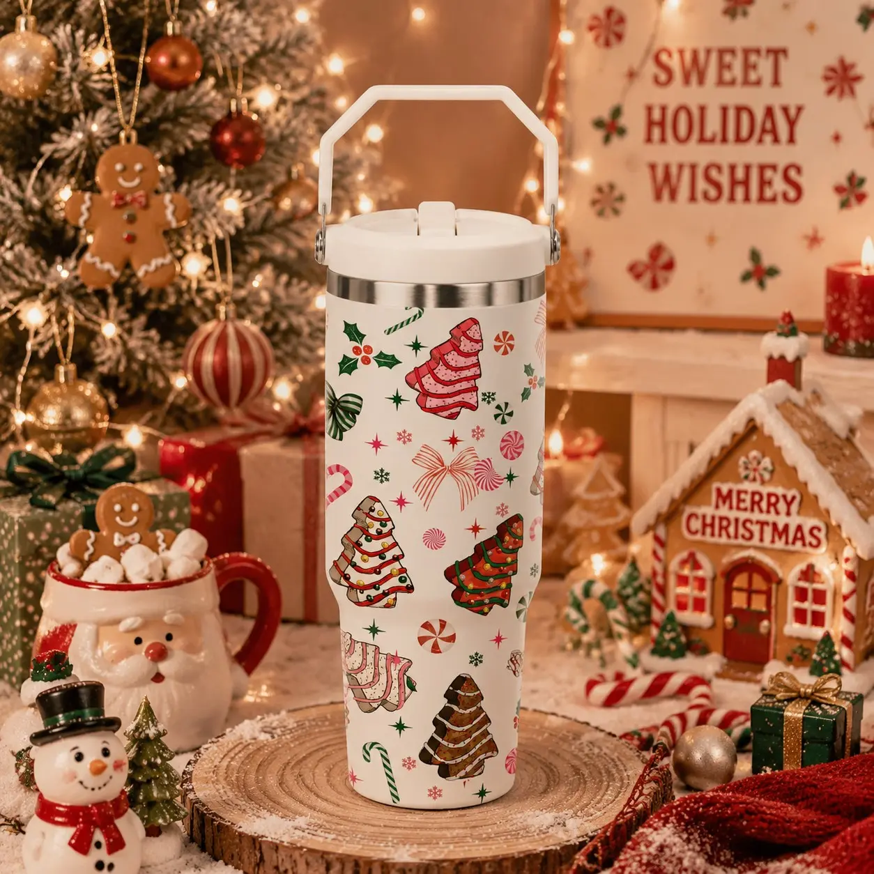 30oz Christmas Tumbler with Handle, Cute Cake & Bow Pattern Insulated Water Bottle, Sweet Holiday Aesthetic Cup, Gingerbread Tree Candy Design Travel Mug, Coquette Girl Style Drinkware, Perfect Christmas Gift for Her, Birthday Gift & Holiday Present