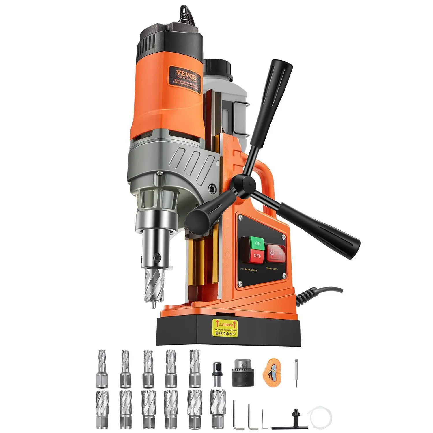 VEVOR Magnetic Drill, 1450W Motor 1.6 in Boring Diameter, 2810 lbf Portable Electric Mag Drill Press, with 11 Coring Bits, 850 RPM Speed, Drilling Machine for Metal Surface, Home Improvement Industry