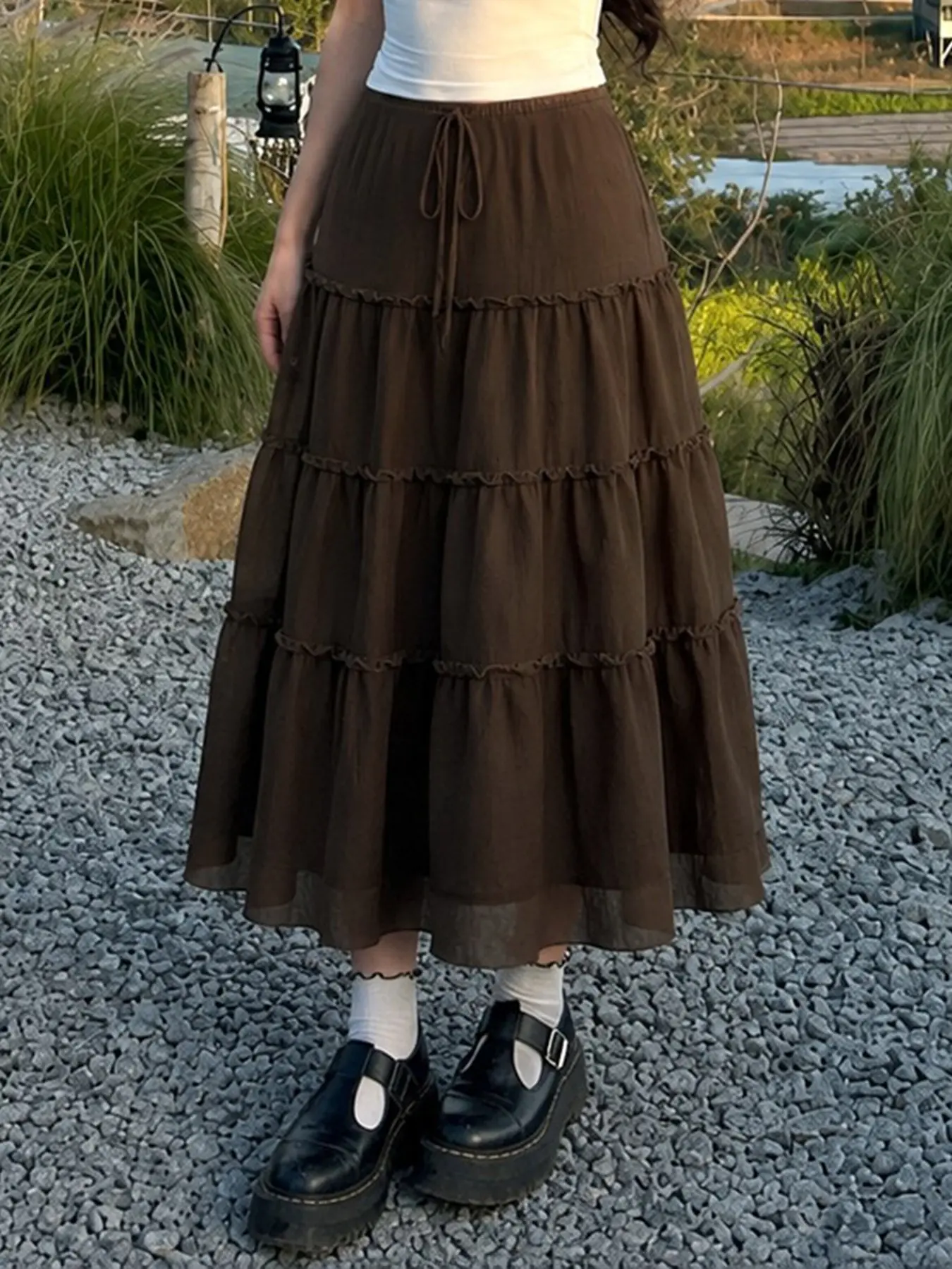 Solid Color Mesh Pleated Tie Waist Midi Skirt, Y2K Cute Girl School Style Vacation Skirt, Retro Women's Fashion Skirt