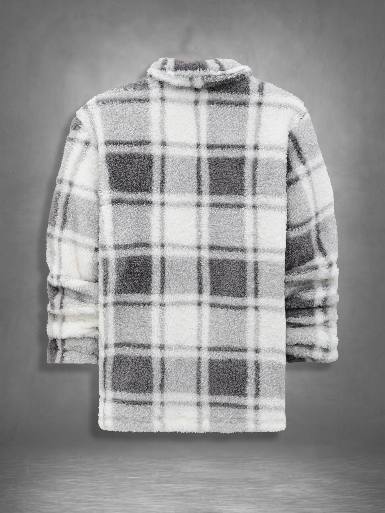 Men's Plaid Print Button Front Fuzzy Lounge Jacket, Casual Long Sleeve Collared Outerwear for Fall & Winter, Men's Sleepwear for Daily Wear, Casual Style Outerwear, Casual Fitted Jacket