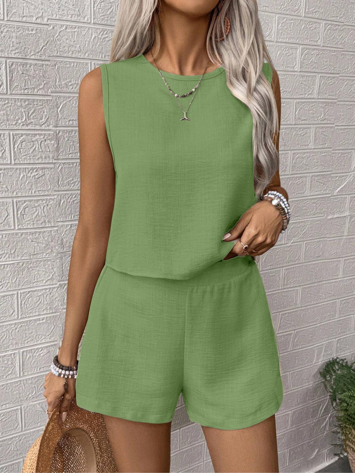 Women's Solid Color Top & Shorts Two-piece Set, Casual Sleeveless Loose Top & Wide Leg Shorts for Everyday Wear, Ladies Two-piece Outfits for All Seasons, Womenswear